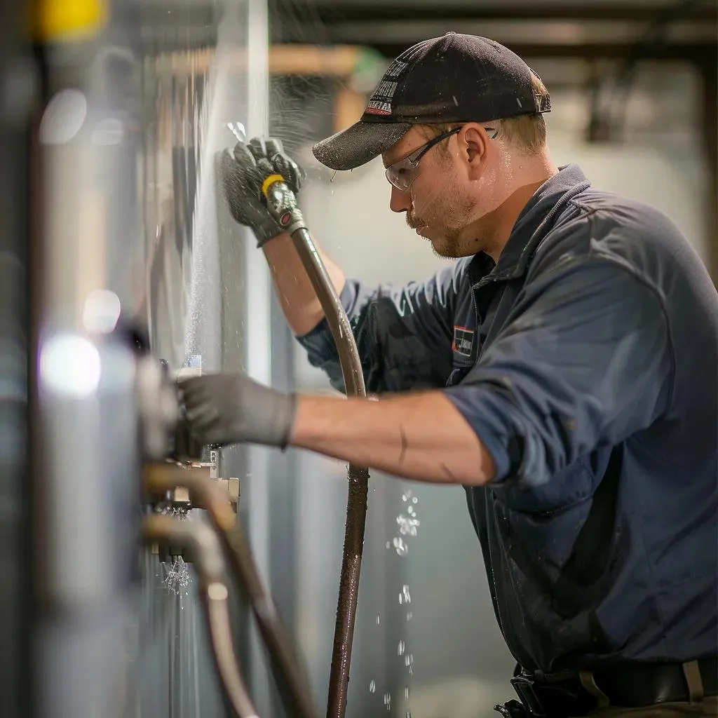 Technician performing high-pressure flushing on an AC condensate line to remove zoogloea slime