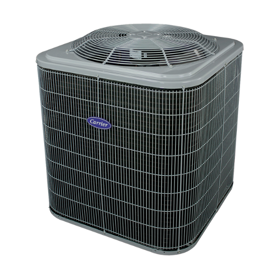 Carrier air-source heat pump unit, designed for efficient heating and cooling, featured in HVAC maintenance context for Oviedo, FL.