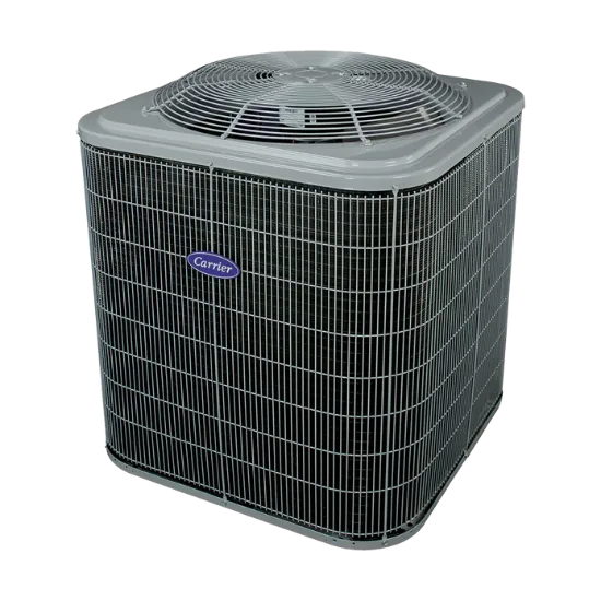 Carrier air conditioner unit. Residential AC unit with a fan on top and the Carrier logo. Air conditioning system for home cooling in Oviedo, FL.
