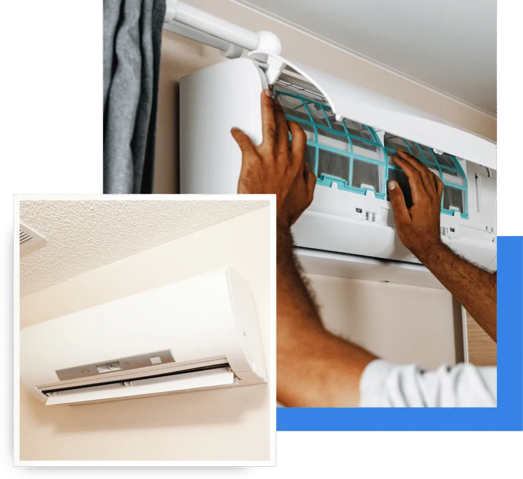Ductless mini-split installation with technician adjusting filters and indoor unit in residential setting, showcasing expert HVAC service in Oviedo.