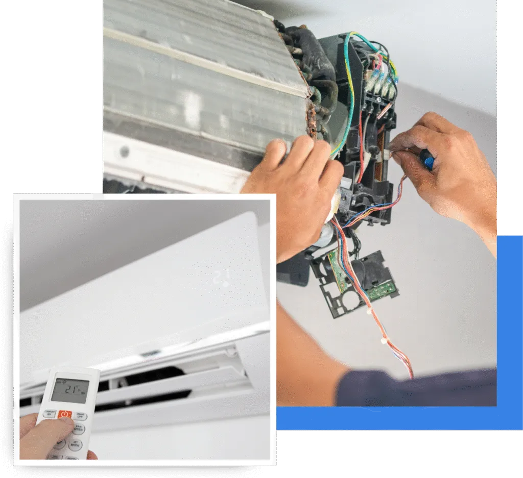 Ductless mini-split repair technician working on unit with exposed wiring, remote control displaying temperature settings, showcasing expert service for efficient home climate control in Oviedo.