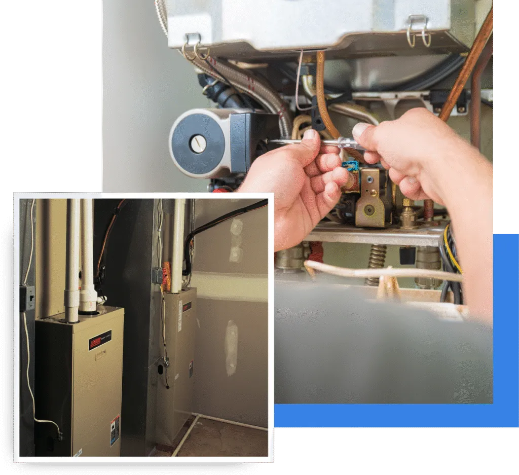 Hands adjusting components inside a furnace during installation, with a second image showing two furnaces in a residential setting, highlighting R&A Industries' expert furnace installation services in Oviedo.