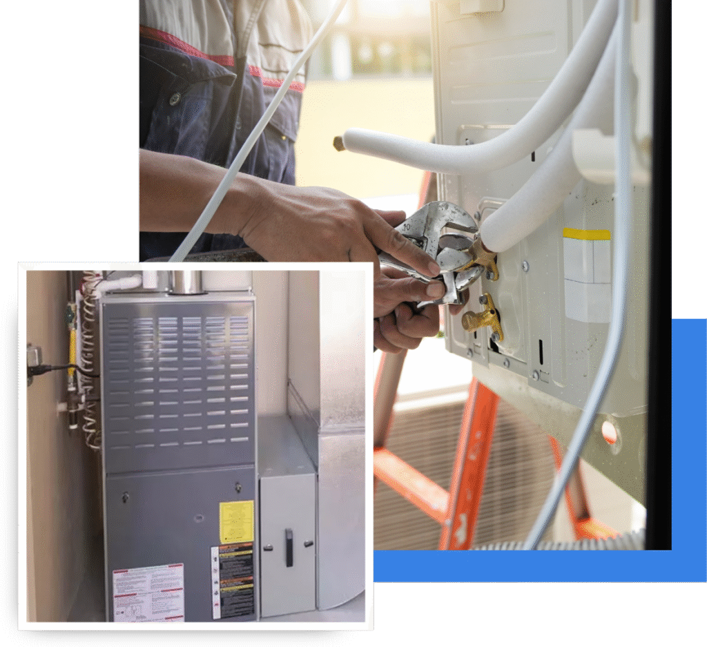 Furnace technician performing maintenance on heating system, showcasing expert service for optimal performance and energy efficiency in Oviedo homes.