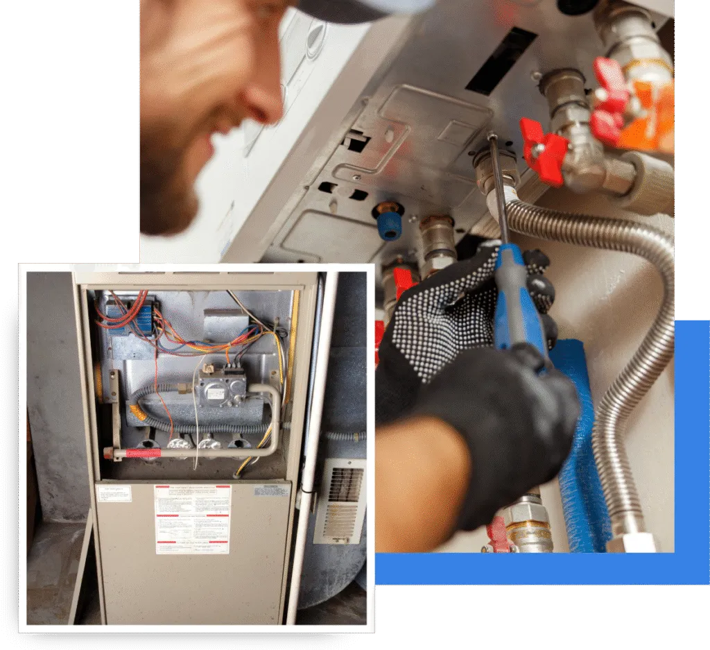 Technician performing furnace repair, inspecting internal components and adjusting connections, emphasizing reliable service for heating systems in Oviedo homes.