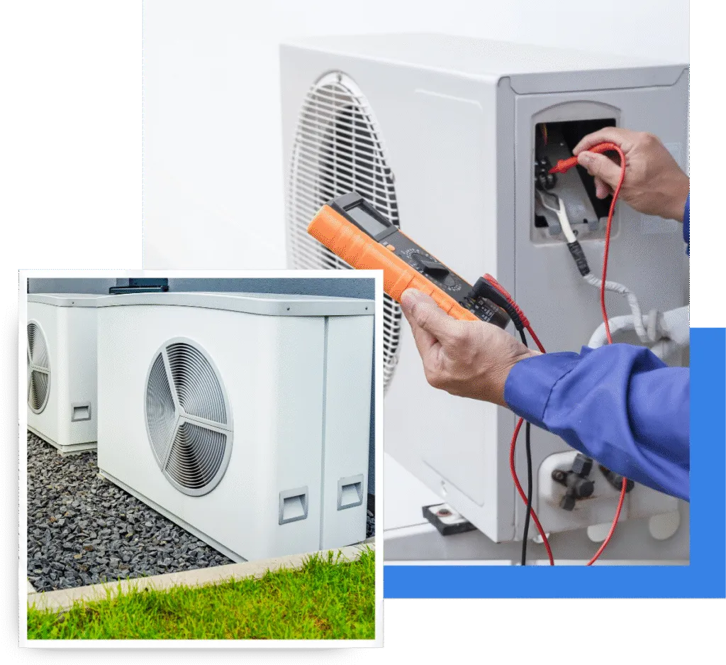 Heat pump maintenance technician using a multimeter on a heat pump unit, with additional heat pump units visible in the background, showcasing professional HVAC service for residential comfort in Oviedo.
