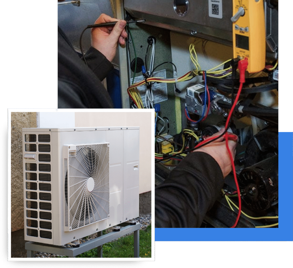 Heat pump technician repairing internal components and an outdoor heat pump unit, showcasing expertise in HVAC systems for efficient home comfort.