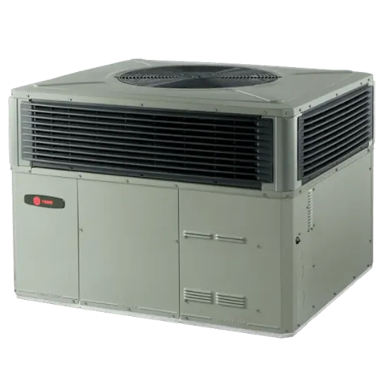 Trane HVAC unit. Air conditioning and heating system for residential or commercial use. Trane package unit, a popular choice for HVAC solutions.