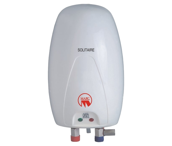 Tankless water heater unit labeled "Solitaire" by MARC, featuring colored indicators for operation, designed for efficient hot water delivery in residential settings.