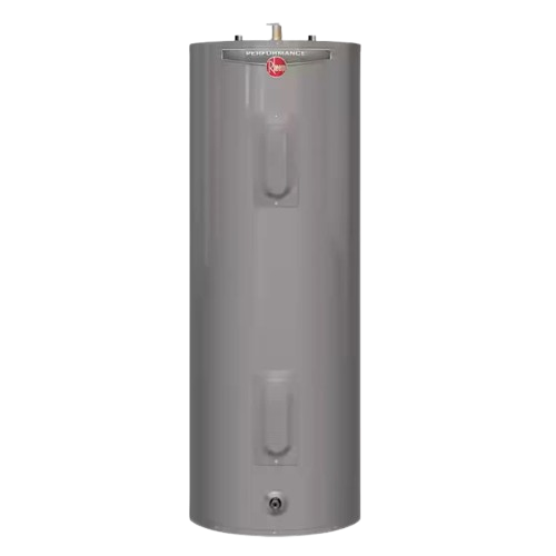 Rheem electric tank water heater, designed for efficient hot water supply, featuring a sleek gray exterior and performance branding, relevant to R&A Industries' water heater installation services.