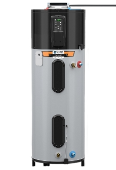 Hybrid heat pump water heater with digital control panel and multiple connection points, showcasing energy-efficient design for reliable hot water supply.