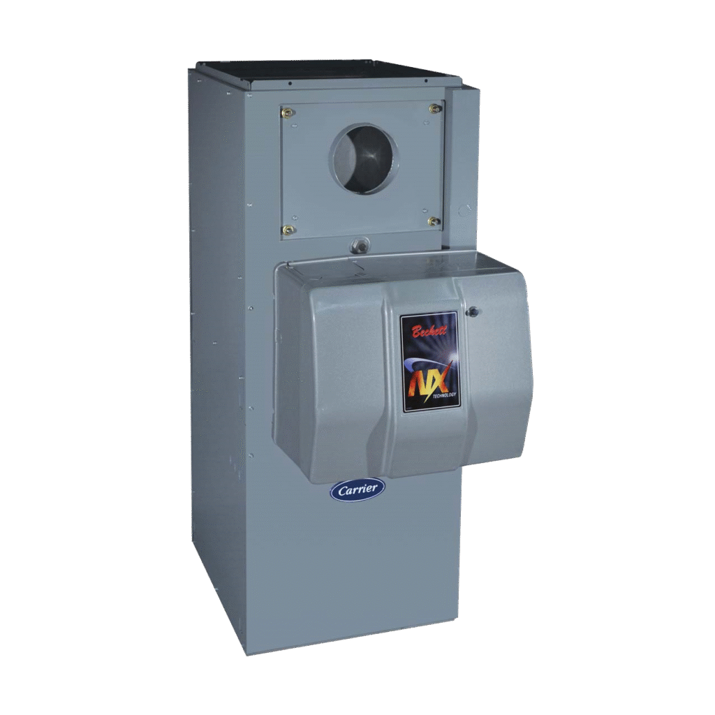 Oil furnace model by Beckett, designed for efficient heating, featuring a sleek silver exterior and a prominent display panel, relevant for heating solutions in rural areas without gas access.