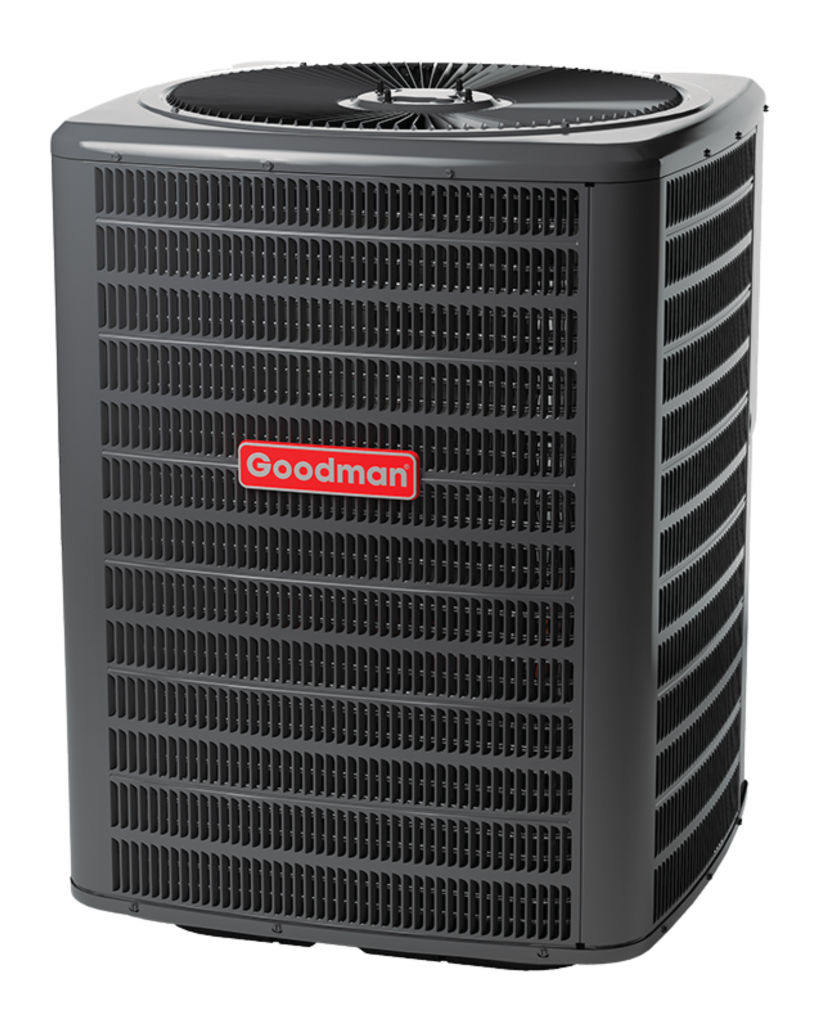 Goodman Sample Popup: Close-up of a gray Goodman air conditioner unit, showcasing its design and functionality for HVAC solutions.