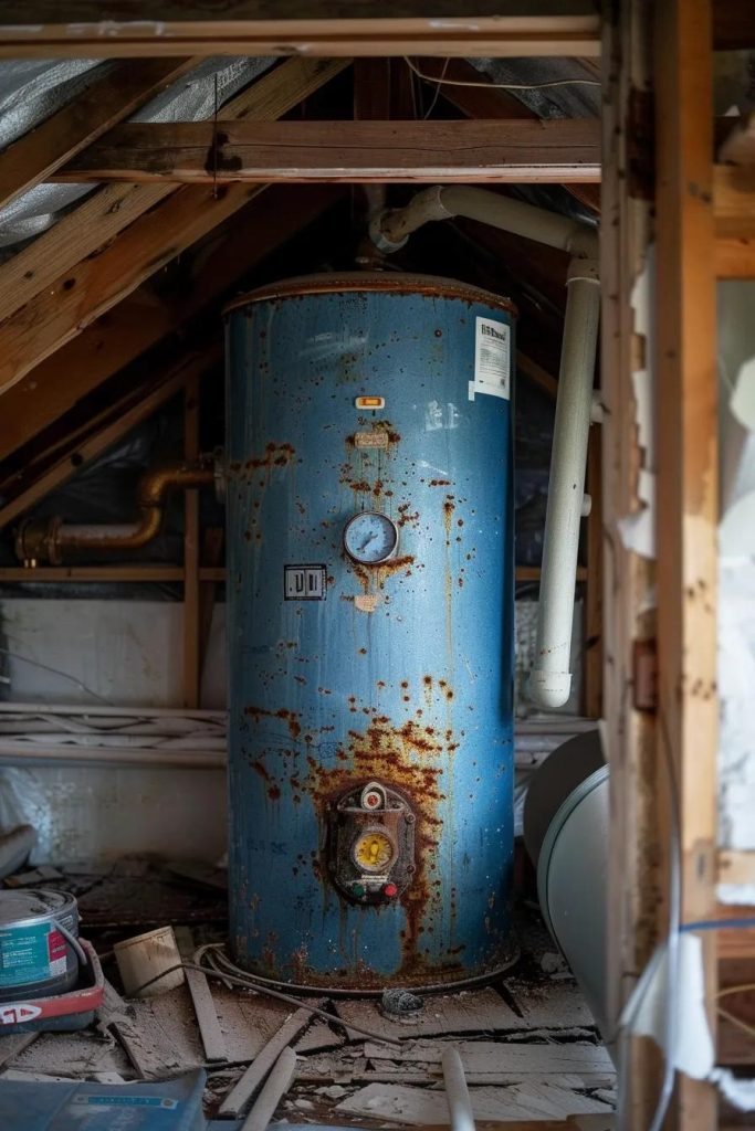 Rusty blue water heater tank in attic, showing signs of wear and corrosion, surrounded by debris and construction materials, highlighting need for maintenance or replacement in Oviedo's humid climate.
