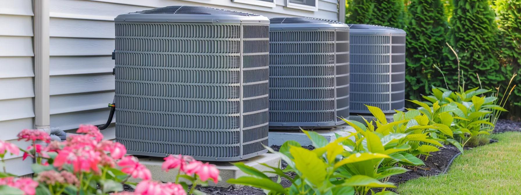 Heat pump units in a residential setting with flowers and greenery, representing HVAC services in Oviedo, Florida.