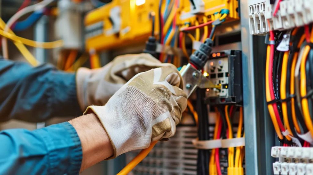 Electrician wearing gloves working on electrical panel with colorful wires, highlighting emergency electrical repair services for Oviedo homeowners.