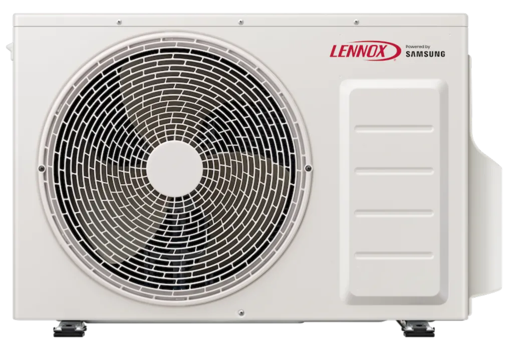 Lennox Sample Popup: Close-up of a white Lennox mini-split heat pump system, showing the fan grill and Samsung logo. Oviedo, FL.