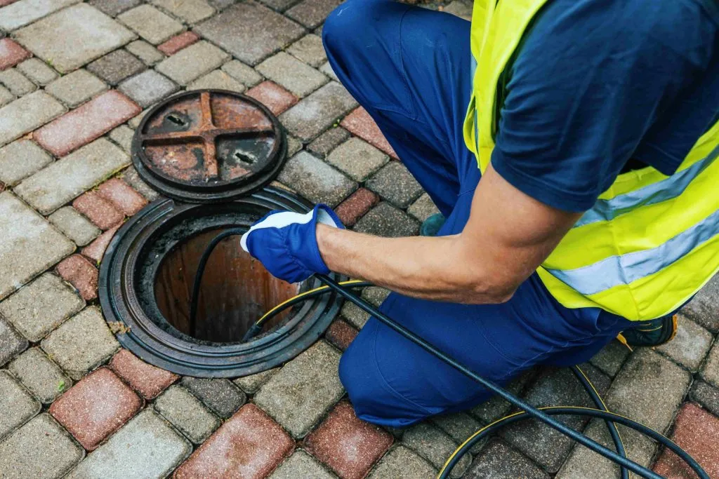 Plumber in safety gear using hydrojetting equipment to clear a drain, showcasing professional drain cleaning services by R&A Industries.