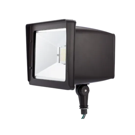 Close-up of a landscape lighting fixture. Outdoor lighting installation for gardens and yards in Oviedo, FL. LED floodlight with adjustable mount.