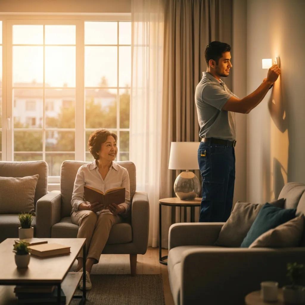 Friendly electrician providing reliable electrical solutions in a modern living room, assisting a homeowner while she enjoys a book.