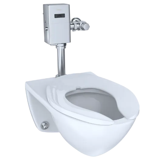 Wall-mounted toilet. Modern, white toilet with touchless flush valve. Toilet repair and replacement in Oviedo, FL.