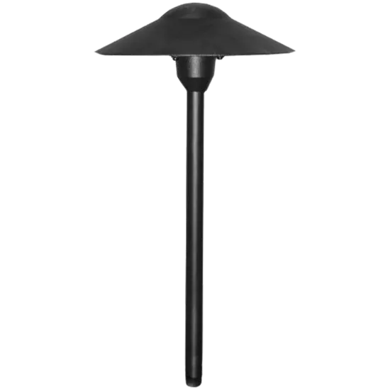 Black path light fixture. Landscape lighting installation in Oviedo, FL enhances curb appeal and safety with elegant outdoor illumination.