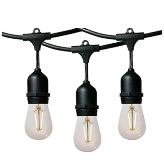 String lights. Outdoor lighting installation with black cords and three bulbs. Landscape lighting enhances any backyard in Oviedo, FL.