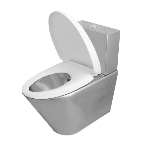 Modern toilet with a metallic finish and open lid. Emergency plumbing fixture, ideal for bathroom renovations in Oviedo, FL.