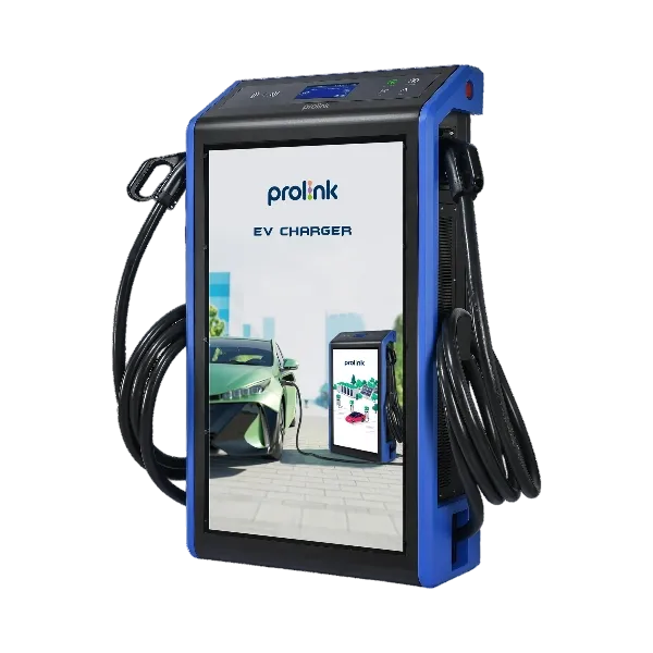 Prolink EV Charger station with blue frame, showing a green electric car charging on the display. Powering the future of transportation.