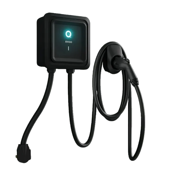 Modern EV Charger unit with sleek black design and illuminated logo, enhancing electric vehicle charging for a sustainable transportation future.