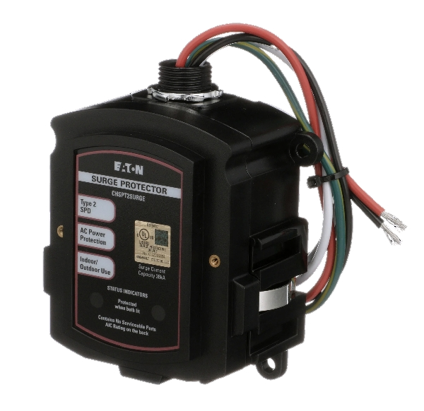 Eaton whole home surge protection device for indoor/outdoor use. Offers AC power protection and status indicators for electrical safety.