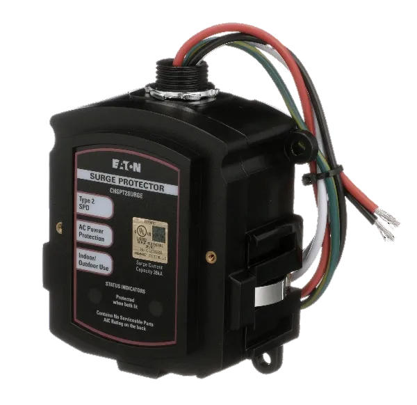 Eaton whole home surge protection device for indoor/outdoor use. Offers AC power protection and status indicators for electrical safety.