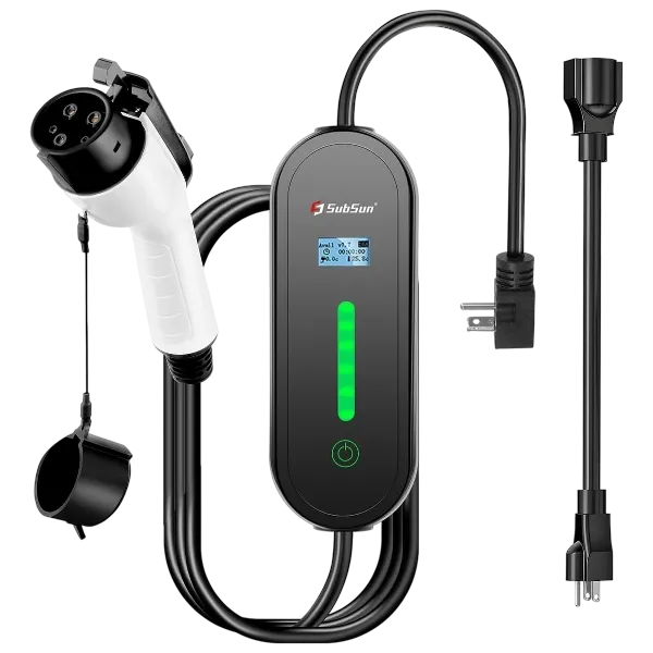 EV Charger: A SubSun electric vehicle charger featuring a white charging nozzle, a control box with a green LED indicator, and power cables.