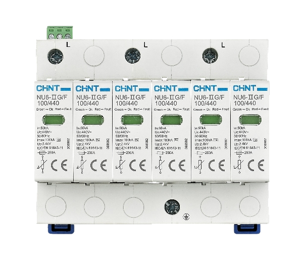 Whole Home Surge Protection device array shows circuit breaker modules providing electrical surge protection for homes and businesses.