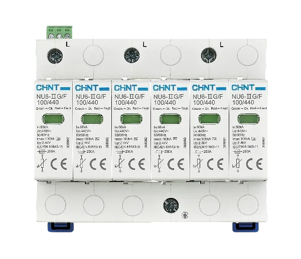 Whole Home Surge Protection device array shows circuit breaker modules providing electrical surge protection for homes and businesses.