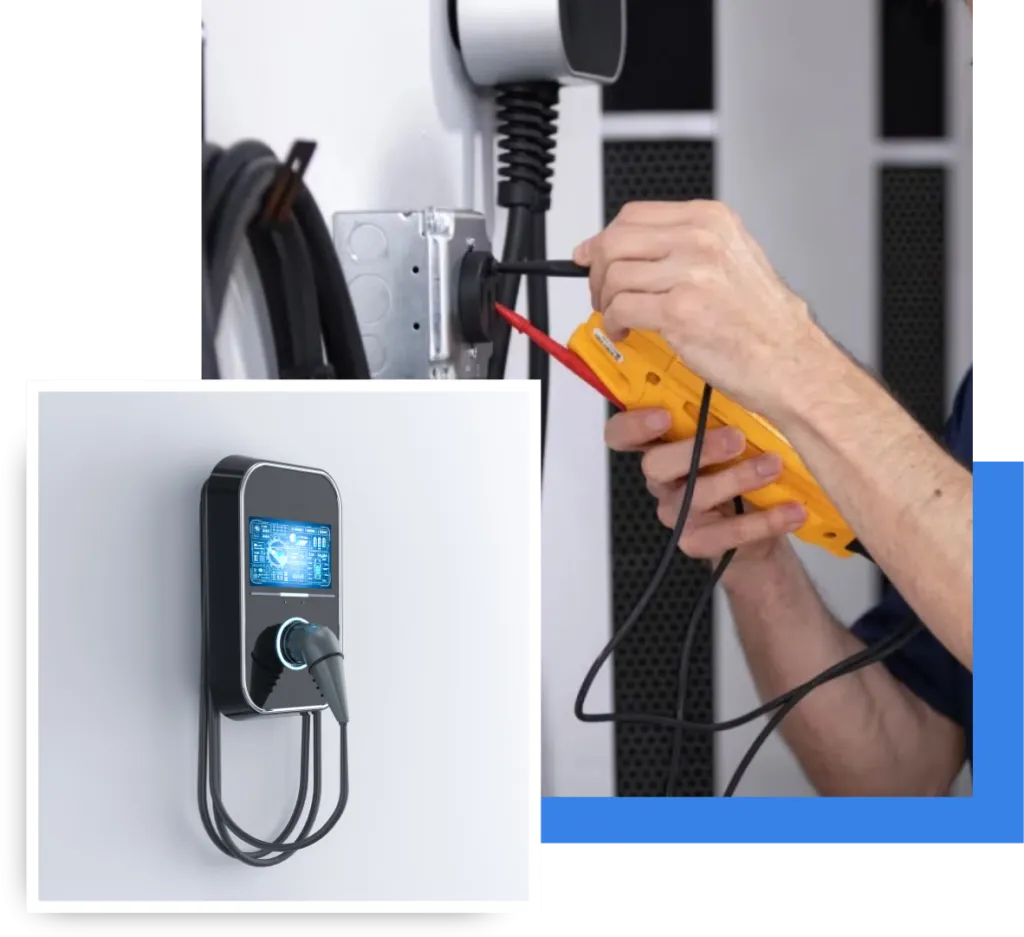 EV charger installation process with technician using a multimeter on charging unit, showcasing modern EV charger design and electrical work in progress.