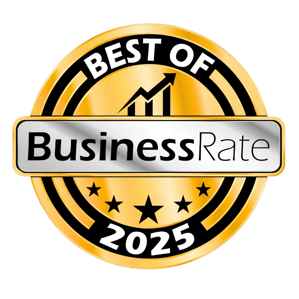 Best of BusinessRate award badge for Oviedo's Best HVAC Contractor 2025, featuring a gold and silver design with upward trend graph and stars.