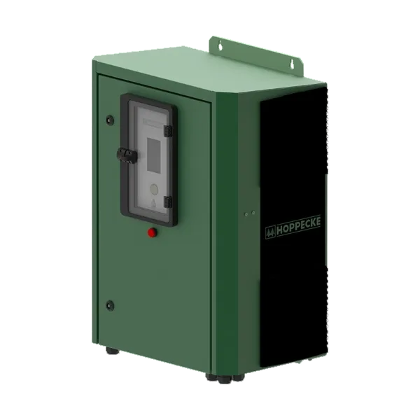 The image shows a green HOPPECKE EV Charger unit, designed for electric vehicle charging in Oviedo, FL. A modern solution for sustainable transport