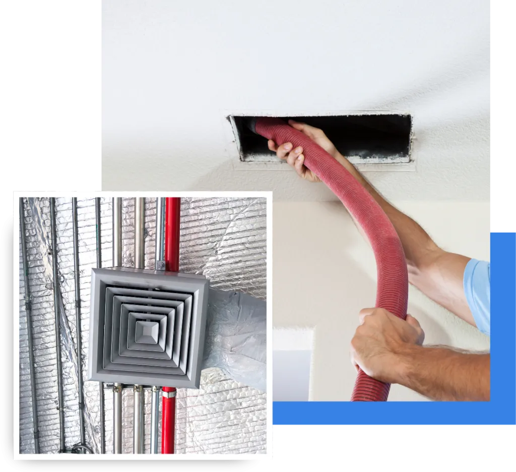 Duct cleaning technician using a red hose to remove debris from an air duct, showcasing HVAC maintenance and air quality improvement in a residential setting.