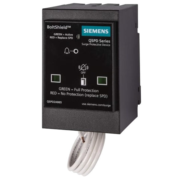 Siemens BoltShield whole home surge protection device, shows active status with indicator lights and clear labeling for easy monitoring.