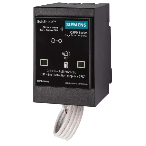 Siemens BoltShield whole home surge protection device, shows active status with indicator lights and clear labeling for easy monitoring.