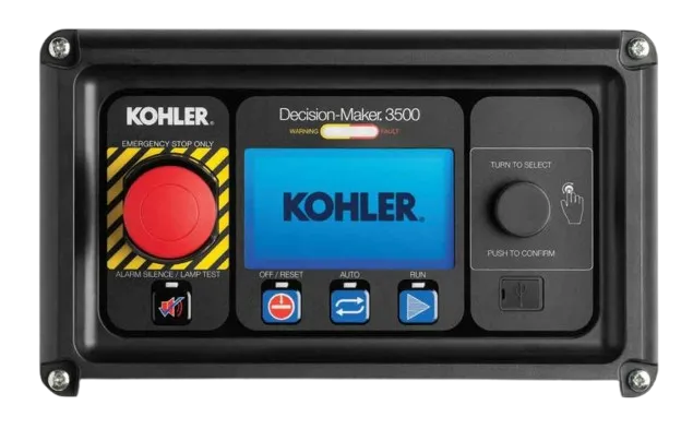 Kohler Decision-Maker 3500 control panel for a whole house generator, showcasing its interface with emergency stop and auto-run features.