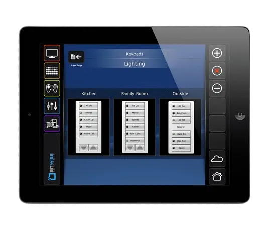 Smart Home Installation shown on a tablet interface, controlling lighting in the kitchen, family room, and outside areas with keypads.