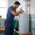 Licensed plumber installing a water heater in a residential utility room