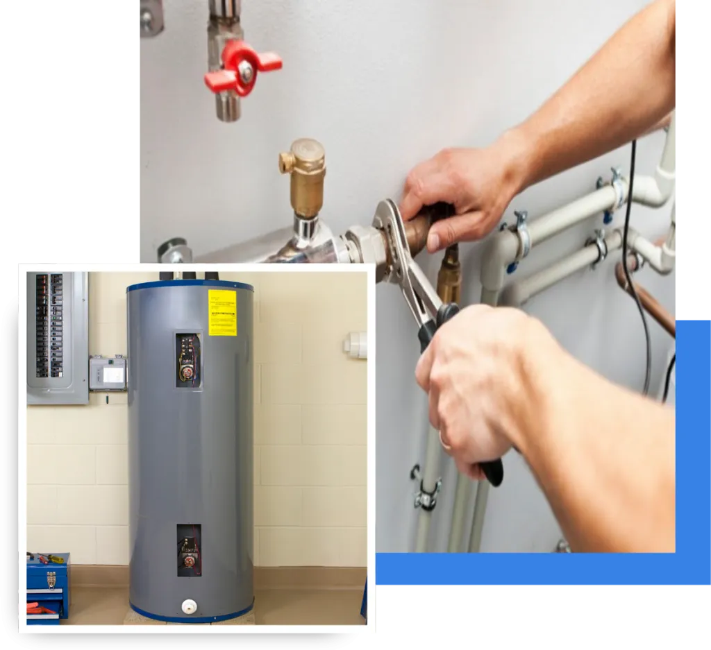 Plumber repairing pipes and water heater in a home setting, showcasing R&A Industries' plumbing services in Oviedo, FL.