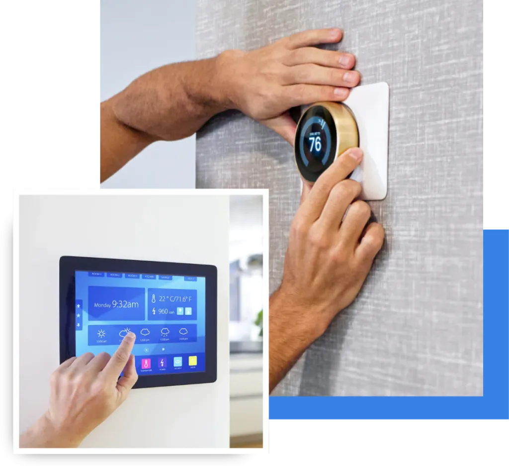 Hands adjusting a smart thermostat on a wall and a hand interacting with a touchscreen smart home control panel, highlighting smart home technology and installation services in Oviedo.