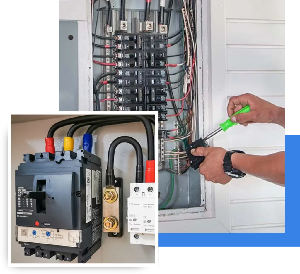Whole-home surge protector installation with electrical panel and technician using screwdriver, emphasizing R&A Industries' surge protection services.