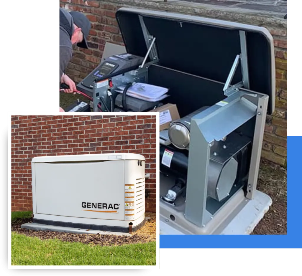 Whole-house generator installation and maintenance by R&A Industries, showcasing a Generac generator unit and technician working on equipment.