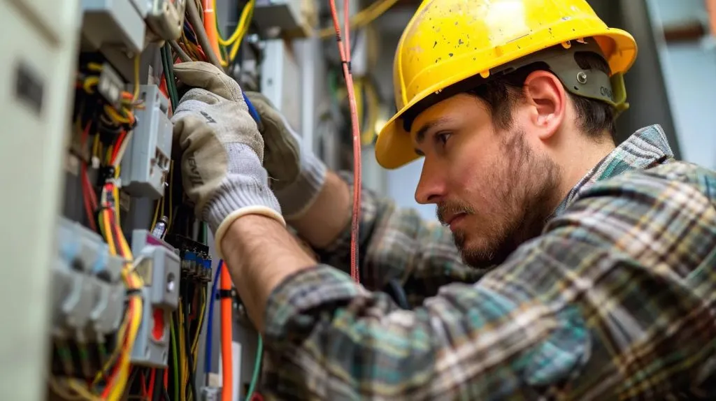 Electrician wearing a yellow hard hat and gloves working on electrical wiring in a panel, illustrating professional electrical services and safety in Oviedo, FL.