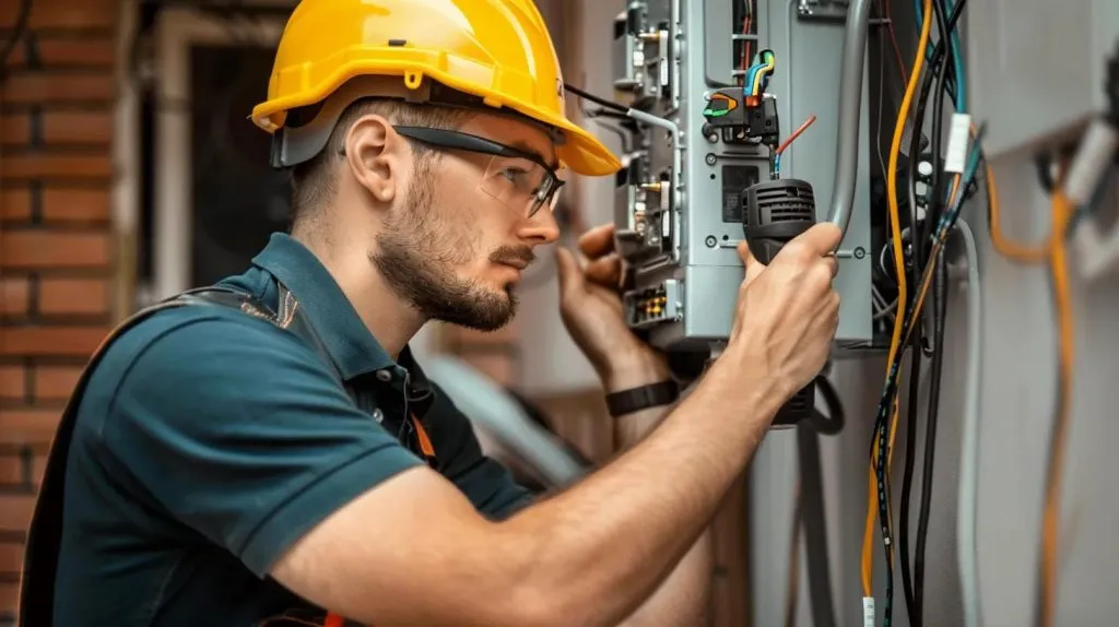Electrician in safety gear working on a circuit panel, emphasizing electrical services and expertise relevant to Oviedo homeowners.