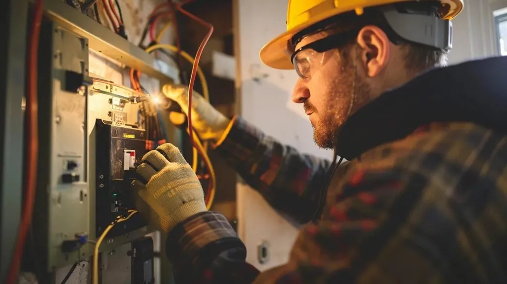 Electrician in safety gear working on a circuit breaker panel, illustrating electrical maintenance and safety for Oviedo homeowners.